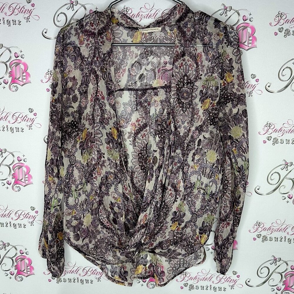 Honey punch blouse floral paisley mesh open front waterfall purple white gold